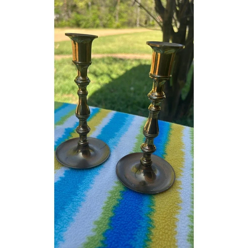 Candlesticks Home‎ 7in Gold Brass Spindle Vintage